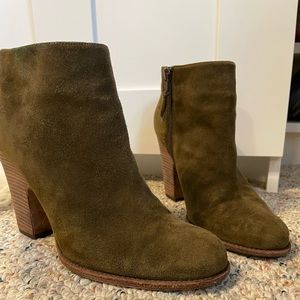 Suede ankle boots. The color is Army green.  Gently worn.  Heel 3 inch.